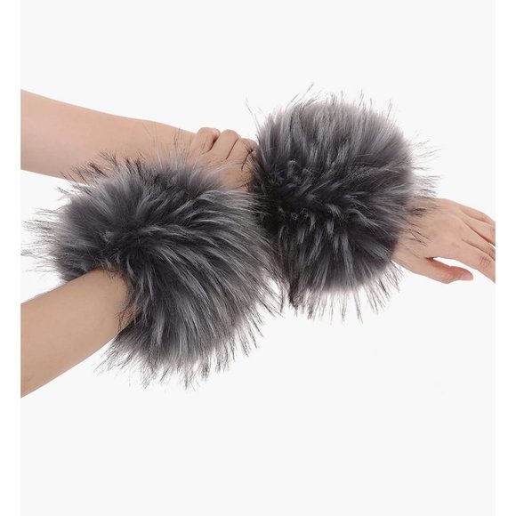 Gray Tipped Fuzzy Faux Fur Pom Pom Wrist Cuffs Furry Bands Arm Warmers - Picture 2 of 5